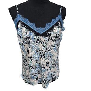 Veronica Beard Gil Silk Cami Tank Blue Floral‎ Lace Trim Lingerie For Day Size 8